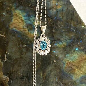 Sterling Silver 925 Blue Topaz CZ Halo Pendant Necklace 18" Cable Chain